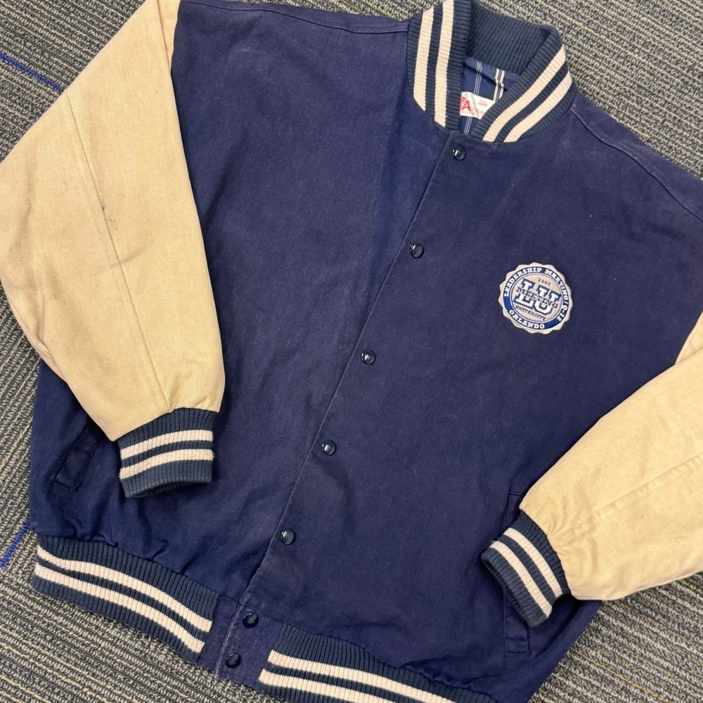 DM Apparel Varsity Jacket Mens Large‎ Blue Tan Good 1997 Liberty University 90s
